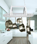Two-Light Kitchen Pot Rack With Down Lights In Brushed Nickel Finish, 35.5 Inch Long, displaying pots, ceiling mounted view
