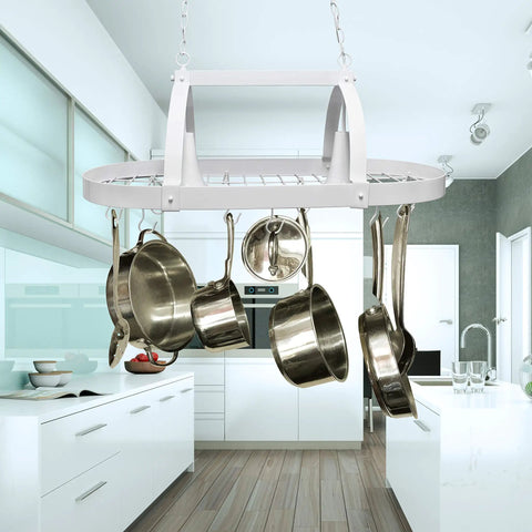 Two-Light Kitchen Pot Rack With Down Lights In Brushed Nickel Finish, 35.5 Inch Long, displaying pots, ceiling mounted view