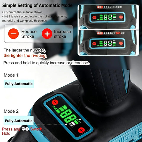 Fully Automatic Cordless Rivet Nut Gun Featuring Electric Drive And Rapid M3 To M12 Mandrels adjustable stroke settings display.