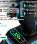 Professional Grade Cordless Electric Rivet Nut Gun For M3 Through M12 Threaded Inserts With Automatic Mandrel Extraction One Trigger Pull Setup displaying automatic mode settings.