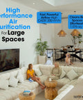 Dead Quiet Smart Air Purifier For Home Serving Crisp Clean Vibes With Chill Sleep Mode And Auto Adjust Settings Plus Wifi App Control For Fresh Air In Big Rooms Up To One Thousand Seventy Six Sq Ft White in a spacious living area.