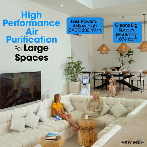 Dead Quiet Smart Air Purifier For Home Serving Crisp Clean Vibes With Chill Sleep Mode And Auto Adjust Settings Plus Wifi App Control For Fresh Air In Big Rooms Up To One Thousand Seventy Six Sq Ft White in a spacious living area.