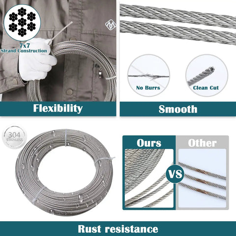 Durable 150 Ft 1/8 Inch Stainless Steel Cable Railing Kit With 7x7 Wire Rope for indoor outdoor decks, showing flexibility and rust resistance