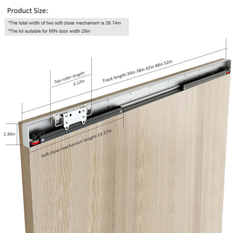 Concealed Wall-Mount Sliding Barn Door Hardware With Soft Close Trackless No Floor Track System For Modern Homes visible dimensions
