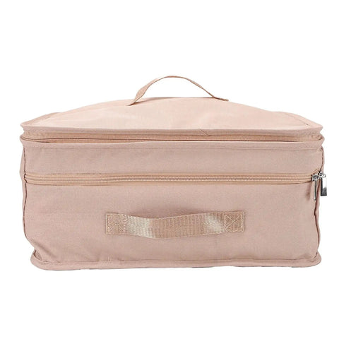Heavy Duty Mesh Travel Dresser, Large Capacity Hanging Closet Organizer With Separate Pockets, Foldable Garment Rack in beige fabric.