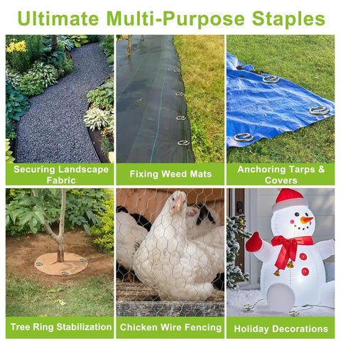 Ultimate Multi-Purpose Staples used in securing landscape fabric, fixing weed mats, anchoring tarps, tree ring stabilization, and more.