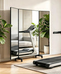 Massive 72X55 Trifold Full Length Mirror, Glassless and Totally Unbreakable Nano Tech Build, Rolls like a Dream on Wheels, showcased in a stylish home gym.