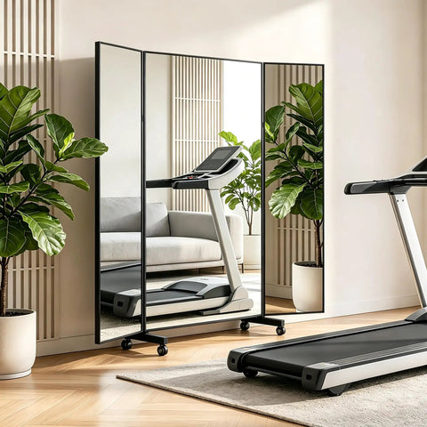 Massive 72X55 Trifold Full Length Mirror, Glassless and Totally Unbreakable Nano Tech Build, Rolls like a Dream on Wheels, showcased in a stylish home gym.