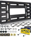 Front License Plate Holder Bracket Black Universal ABS Mounting Kit Frame With Copper-Threaded Inserts and accessories shown