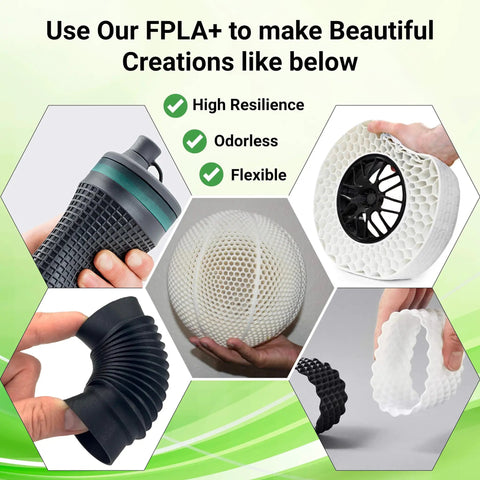 Top Shelf Bouncy BFPLA 3D Printer Filament 1.75mm Ivory White One Kilogram Sick Flexible Patent Formula With Five Times Normal Stretch Included Tidy Reel And Storage Sack For Legit Airless Basketball Projects showcasing various flexible 3D printed creations.
