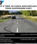 Image showing road with vehicle drifting, highlighting signs for suspension part check including vibrations and uneven tire wear.
