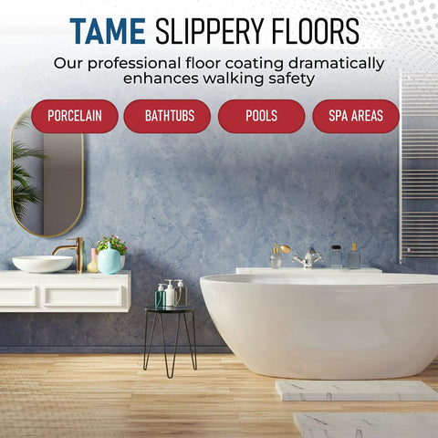 Bathroom with modern decor showcasing Grippy Anti Slip Floor Treatment For Tiles And Concrete, Long Lasting Non Slip Solution That Improves Traction Without Visible Film, Safe For Indoor And Outdoor Use, Covers Up To Four Hundred Square Feet Per Gallon, Clear