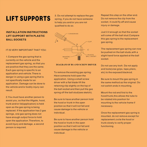 Diagram for installation instructions of Top Quality 2 Pack Rear Liftgate Gas Struts For Ford 22 Inch Replacement Og Part SG204044 F85Z78406A10AA