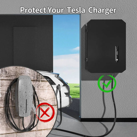 Dang Tough Wall Mount Cover For Electric Vehicle Chargers Built From Rigid Cold Rolled Steel With Rock Solid Locking System Completely Waterproof For Any Rough Outdoor Conditions In Glossy Black mounted next to Tesla charger with weather comparison.