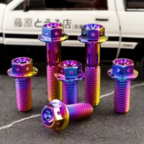 Premium Grade Titanium Flanged Hex Head Bolts M10 X125 Pitch X73mm Beefy Disc Brake Caliper Bracket Screws for motorcycle and car mods, pack of four.