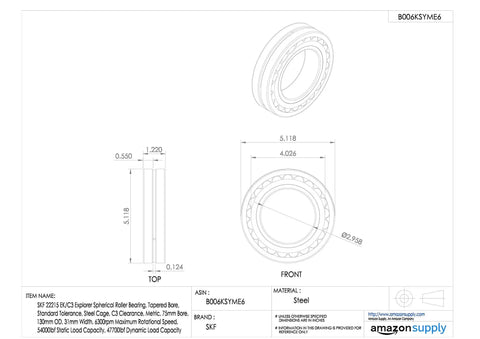 Tough As Nails Heavy Duty Spherical Roller Bearing 22215 EK C3 Tapered Bore illustration with dimensions shown.