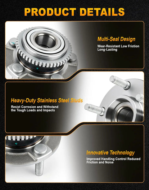 Close-up of Pair Of Heavy Duty Front Wheel Hub And Bearing Assemblies featuring multi-seal, stainless steel studs for 1994 to 2004 Ford Mustang.