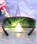 Heavy Duty Laser Safety Glasses For Handheld Welding And Fiber Laser Use, showing green lenses with sparks in use.