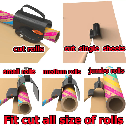 Smooth As Butter Rotary Wrapping Paper Cutter With Three Quick Swap Blades For Dead Simple Gift Roll Slicing And Straight Fire Holiday Craft Supplies Pro Grade Desktop Stationery Tool showing cuts for various roll sizes.