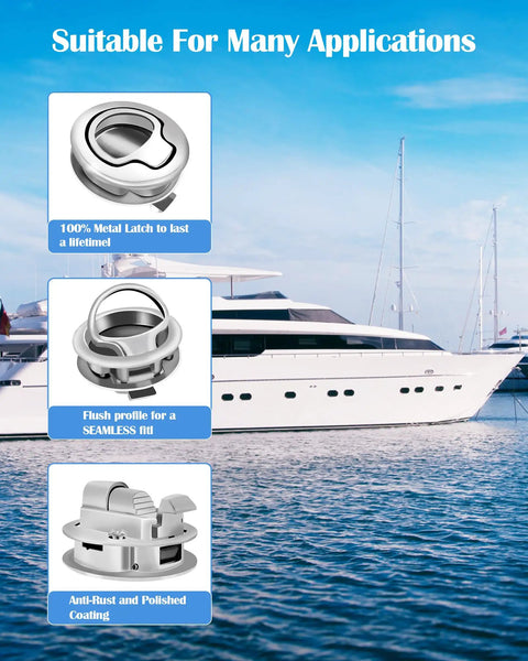 Two Pack Two Inch Boat Slam Latch Lift Handle Lock Beefy Build in stainless steel on yacht background with features highlighted.