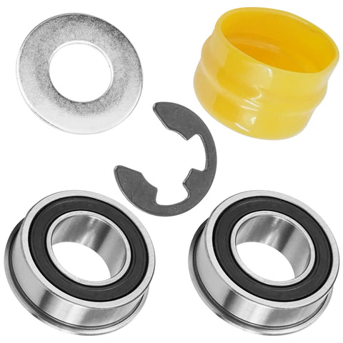 Front Wheel Bearing Bushing Kit For John Deere Riding Mowers Heavy Duty Replacement includes two ball bearings, a cap, washer, and snap ring.