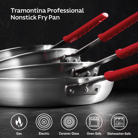 Heavy Duty 12 Inch Nonstick Frying Pan With Slick Release Coating Built Like A Tank stacked with red handles, showcasing durability and versatility.