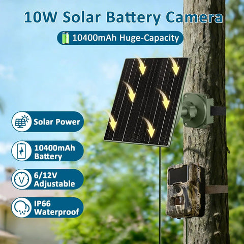 Dang Good 10W Solar Panel For Trail Cameras With 10400mAh Battery Pack mounted on a tree beside a trail camera, showcasing outdoor use.
