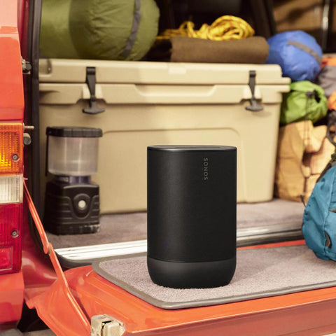 Move 2 Black Portable Bluetooth Speaker With Dual Tweeters for Rich Stereo Sound on truck tailgate at outdoor campsite