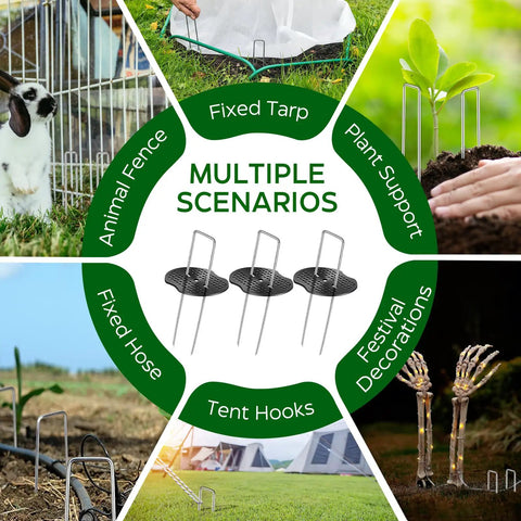 Pro Grade Heavy Duty Galvanized Landscape Staples Set 100 Pcs U Shaped Garden Stakes 6 Inch 11 Gauge with 50 gaskets, uses displayed