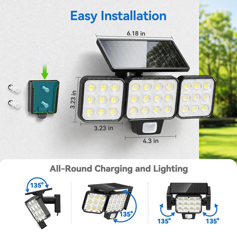 Fly Hella Bright Solar Flood Lights With Rapid Trigger Motion Sensor And Pocket Remote 3500 Lumen Cob Led outdoor security illuminators mounted on wall.