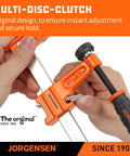 Hands using Jorgensen F-clamp with multi-disc clutch for woodworking, featuring 6 Inch Bar Clamp Set 4 Pack Steel F Clamp Light Duty 300 Lbs Load Capacity