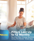 Woman using Filtrete app for 16x25x4 Refillable Air Filter Starter Kit, MPR 1550, MERV 12.