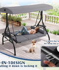 Outdoor Three Seat Porch Swing With Canopy And Stand Convertible 2 In 1 Bed Cup Holder Pillow Cushions Grey Patio Swing