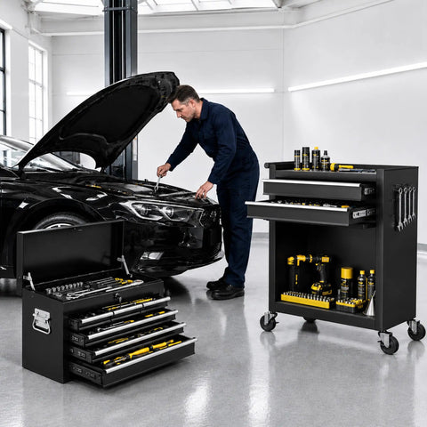 Man working on car with Smooth Rolling 8 Drawer Tool Chest With Nifty Detachable Modular Layout And Secure Locking Drawers For Top Shelf Garage Storage Slick Black Finish in garage.