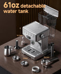 Pro Barista 15 Bar Espresso Machine With Precision 58 Millimeter Portafilter showing 61oz detachable water tank and accessories.