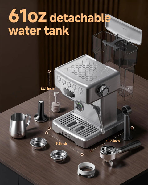Pro Barista 15 Bar Espresso Machine With Precision 58 Millimeter Portafilter showing 61oz detachable water tank and accessories.