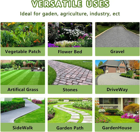 Collage of garden applications for Heavy Duty Weed Barrier Landscape Fabric including vegetable patch, flower bed, and driveway.