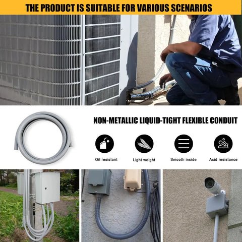 Pro Grade Kickass 1 Inch Flexible Liquid Tight Conduit Kit With Smooth PVC Interior protects cables outdoors, showing installation.
