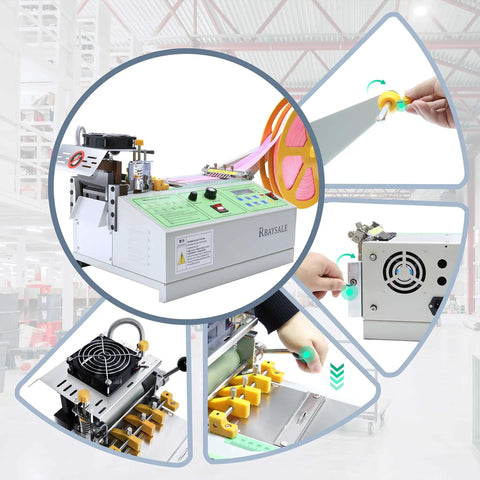 Automatic Webbing Cutter For Hot And Cold Cutting Of Ribbon And Zipper Tape, machine detail shots with controls and setup