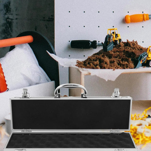 Durable Aluminum Tool Organizer Box With Secure Twist Latches Portable Travel Case Scratch Proof Exterior on a workbench.
