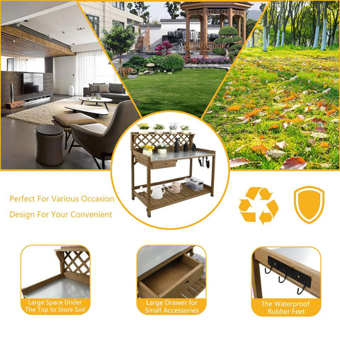 Collage of garden potting bench use cases, includes living room, garden, and autumn leaves; highlights features like storage and durability