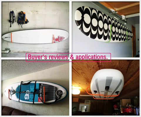 Wall Mounted Snowboard Surfboard Rack Set Vertical Wall Hanger showing paddle boards mounted in garage for solid storage.