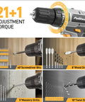 20V Cordless Power Drill Kit With Dual Speed Motor And Two Rechargeable Batteries Featuring Hella Tough Electric Screwdriver showing 21+1 adjustment torque and various drill bits.