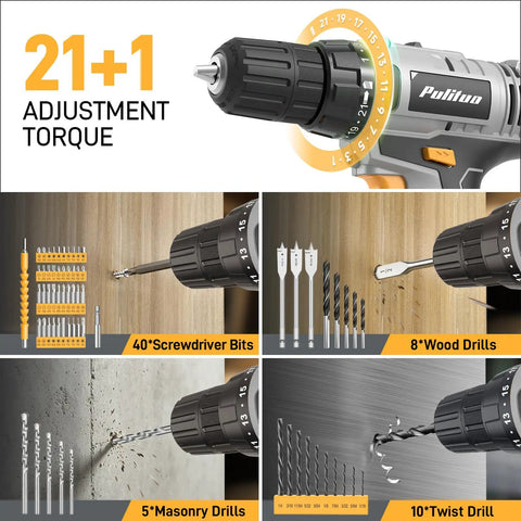 20V Cordless Power Drill Kit With Dual Speed Motor And Two Rechargeable Batteries Featuring Hella Tough Electric Screwdriver showing 21+1 adjustment torque and various drill bits.