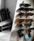 Before and after using Heavy Duty Metal Skateboard Rack Wall Mount With Curved Hooks For Longboards Snowboards And Skis.