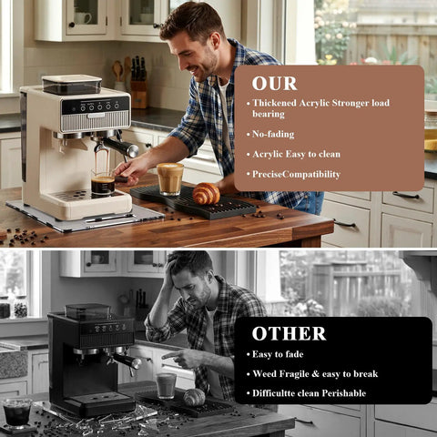 Clear Acrylic Appliance Slider For Countertops With Tough As Nails Heavy Duty Support And Slick Glide Silicone Wheels For All Your Kitchen Appliances Easy Relocation Sturdy Non Scratch Rolling Tray 13 By 16 Inches in use with a coffee machine on kitchen countertop.