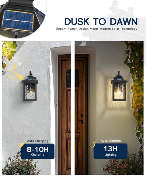 Stunning Solar Powered Wall Lights Wall Mount Outdoor Fixtures on a porch wall with solar panel, elegant design, glass construction.