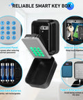 Rock Solid Smart Key Lock Box With Bluetooth Access And Hassle Free Pin Entry Built Tough For Wall Mounting, featuring illuminated panel and internal key hooks.