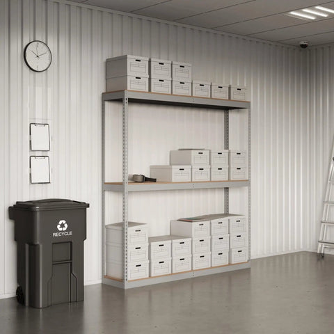 Hella Sturdy Heavy Duty Boltless Shelving Unit 48 By 24 By 84 Inches Gray Cold Rolled Steel Storage Rack with boxes in a garage.