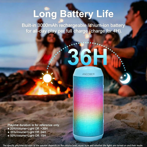 Powerful Portable Wireless Bluetooth Speaker With Stereo Sound LED Lights And Long 36 Hour Battery Life IPX4 Waterproof BT53 TWS Pairing Built In Mic Ideal For Outdoors Home Parties And Travel Powder Blue Gift on a beach at night.